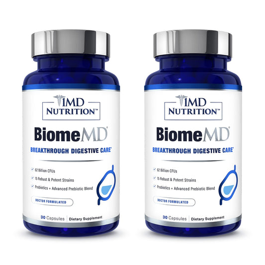 1MD Nutrition BiomeMD Probiotics bottle close-up highlighting potency.