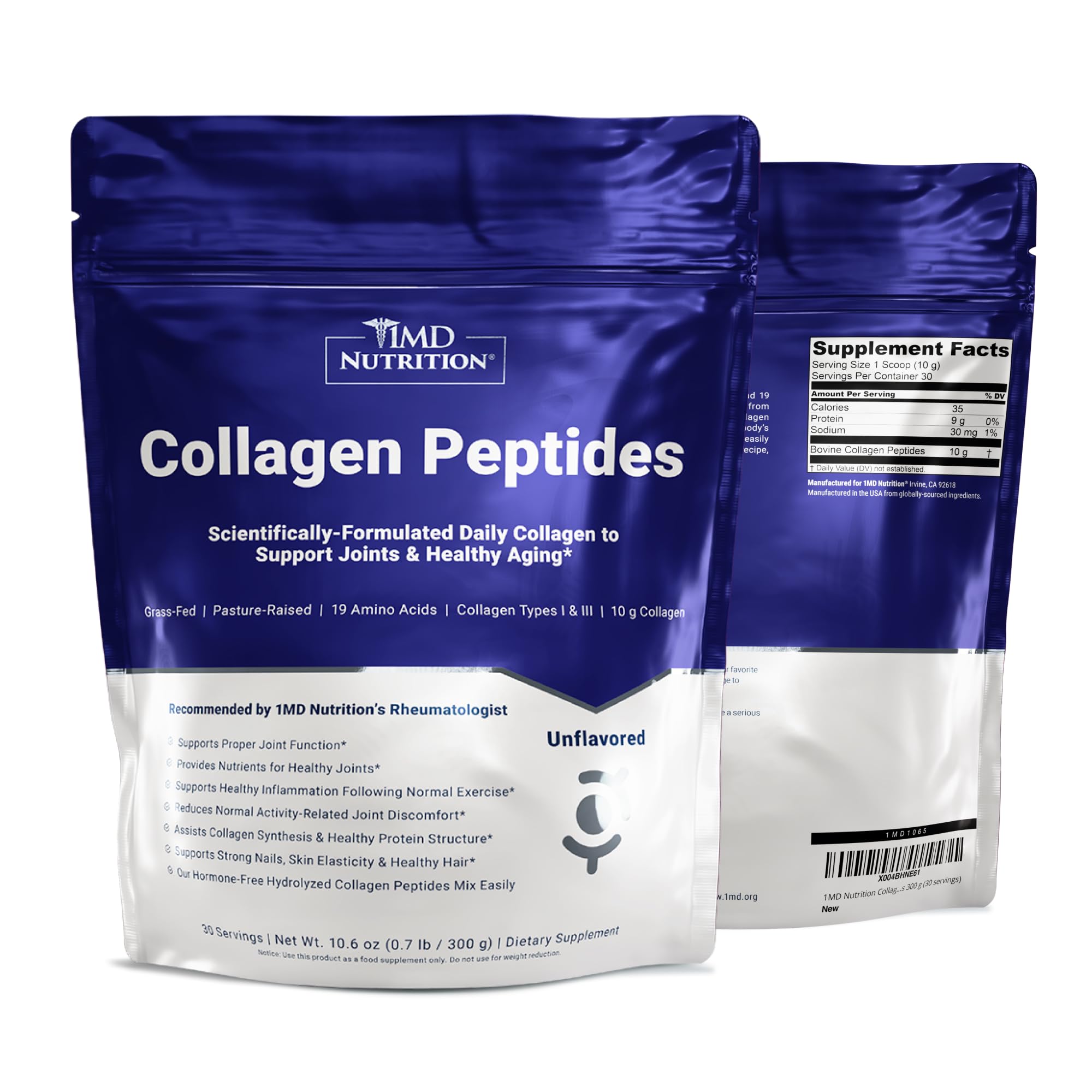 1MD Nutrition Collagen Peptides bottle shows 10 g serving for joint and skin support