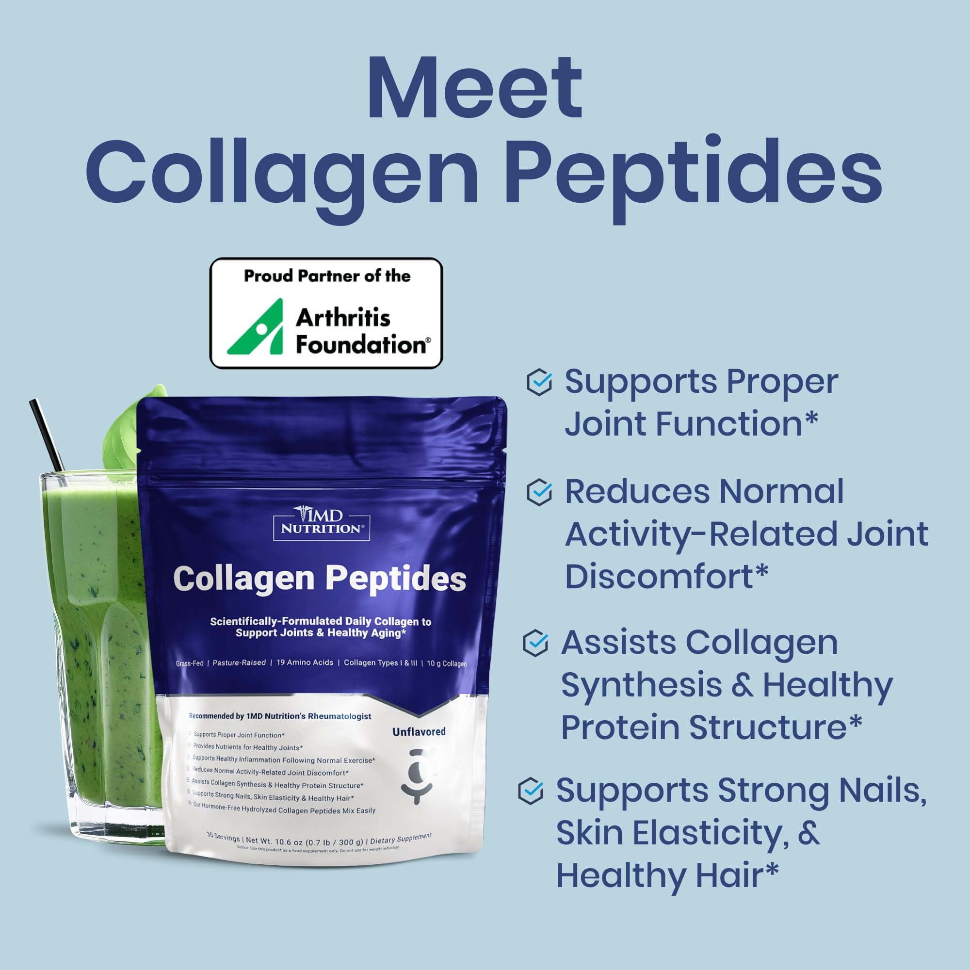 1MD Nutrition Collagen Peptides pour demonstrates easy mixing into drinks