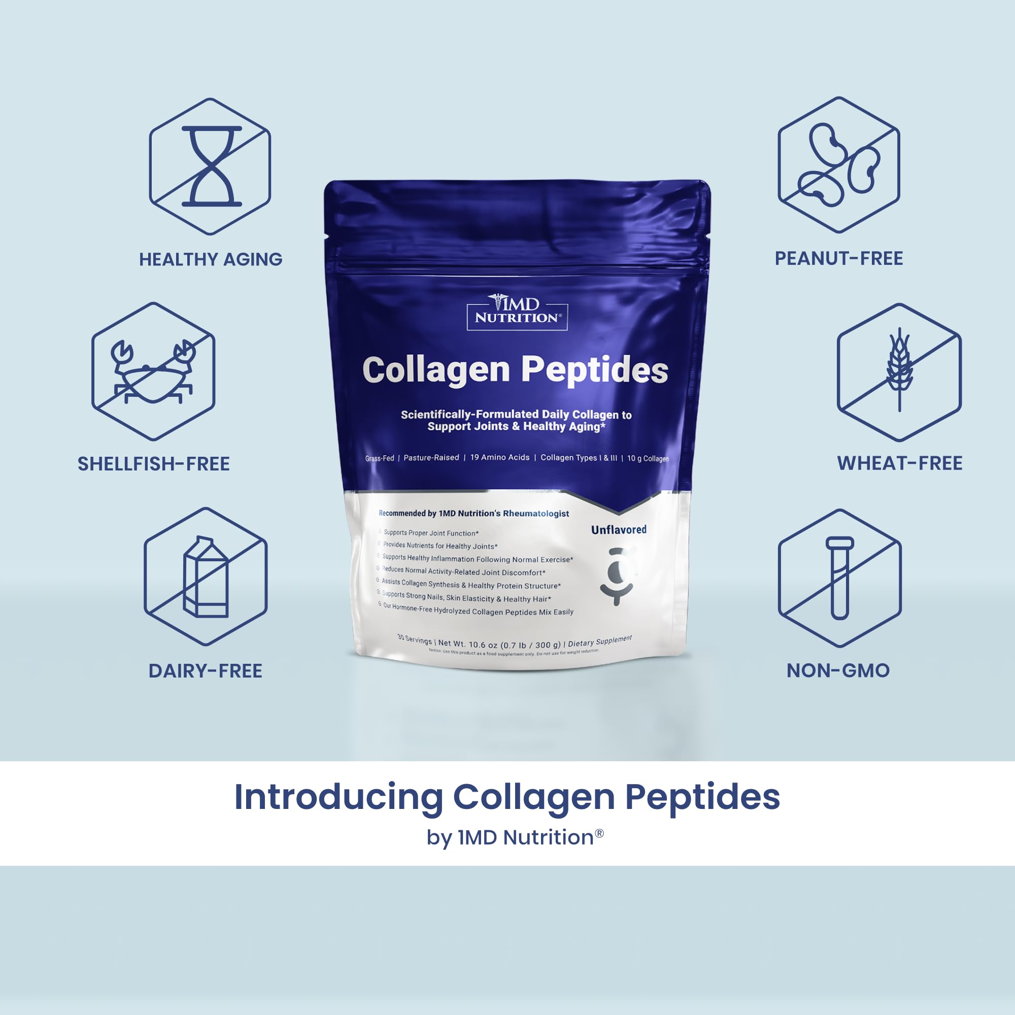 1MD Nutrition Collagen Peptides scoop highlighting unflavored powder for daily use