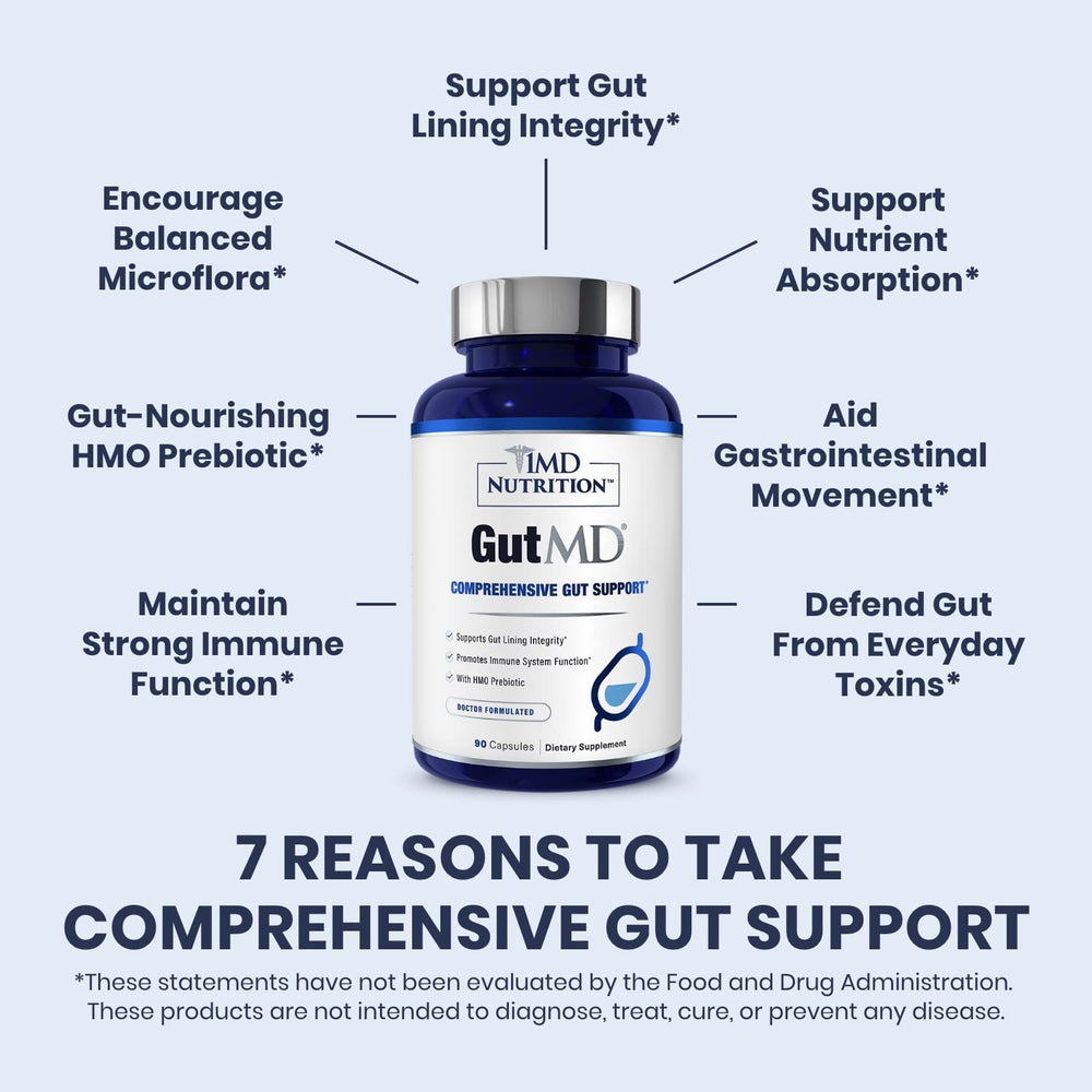 1MD Nutrition GutMD bottle back label showing directions for daily digestive support.