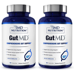 1MD Nutrition GutMD bottle front with label and capsules for daily gut support.