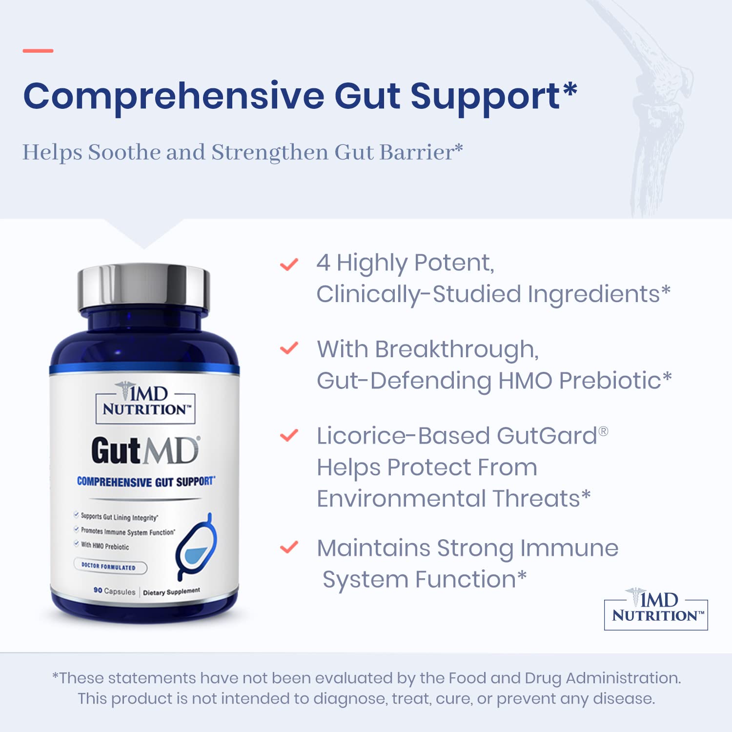 1MD Nutrition GutMD packaging box displaying brand and gut health focus.