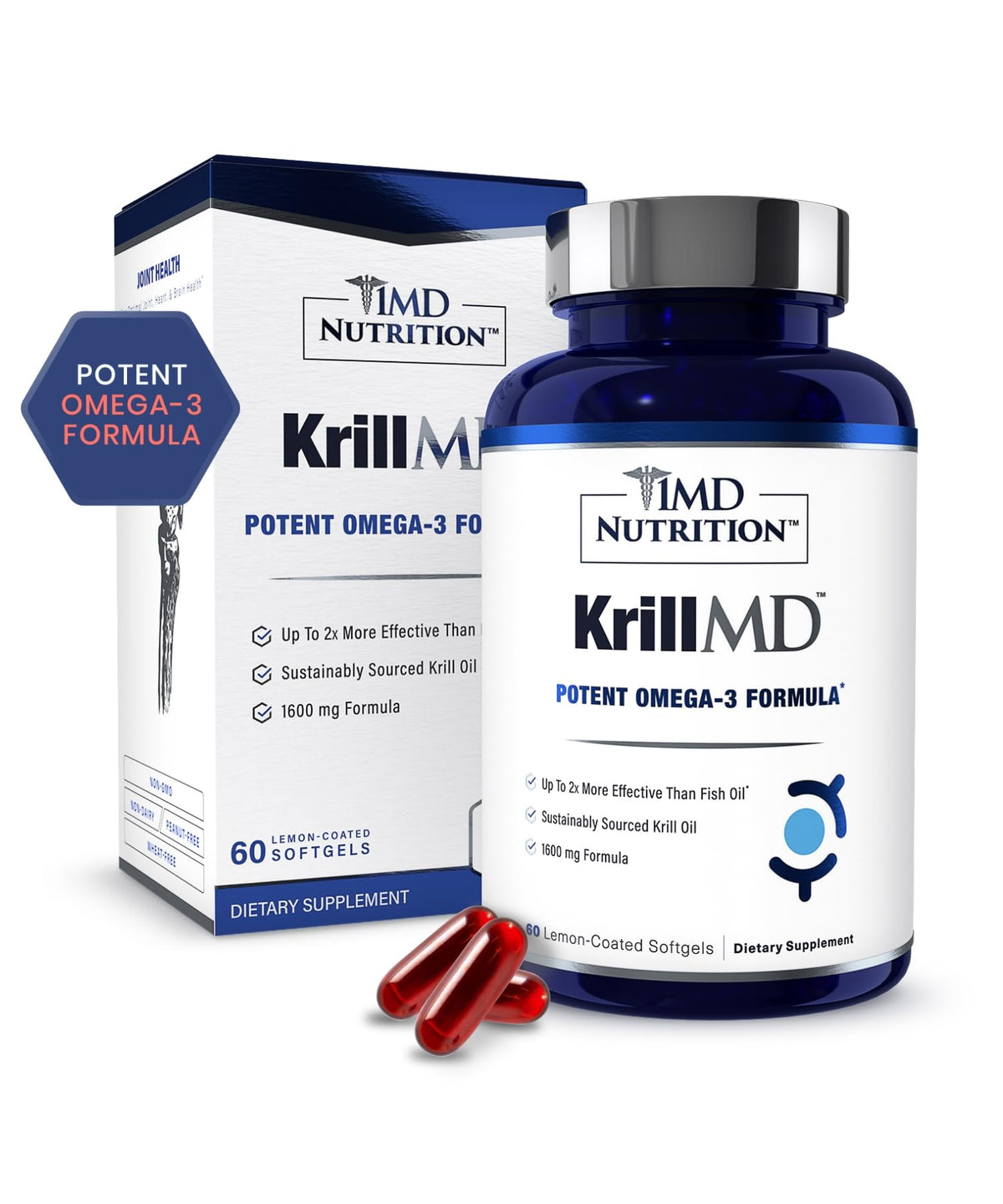 1MD Nutrition KrillMD bottle shown for daily omega-3 support and convenience.