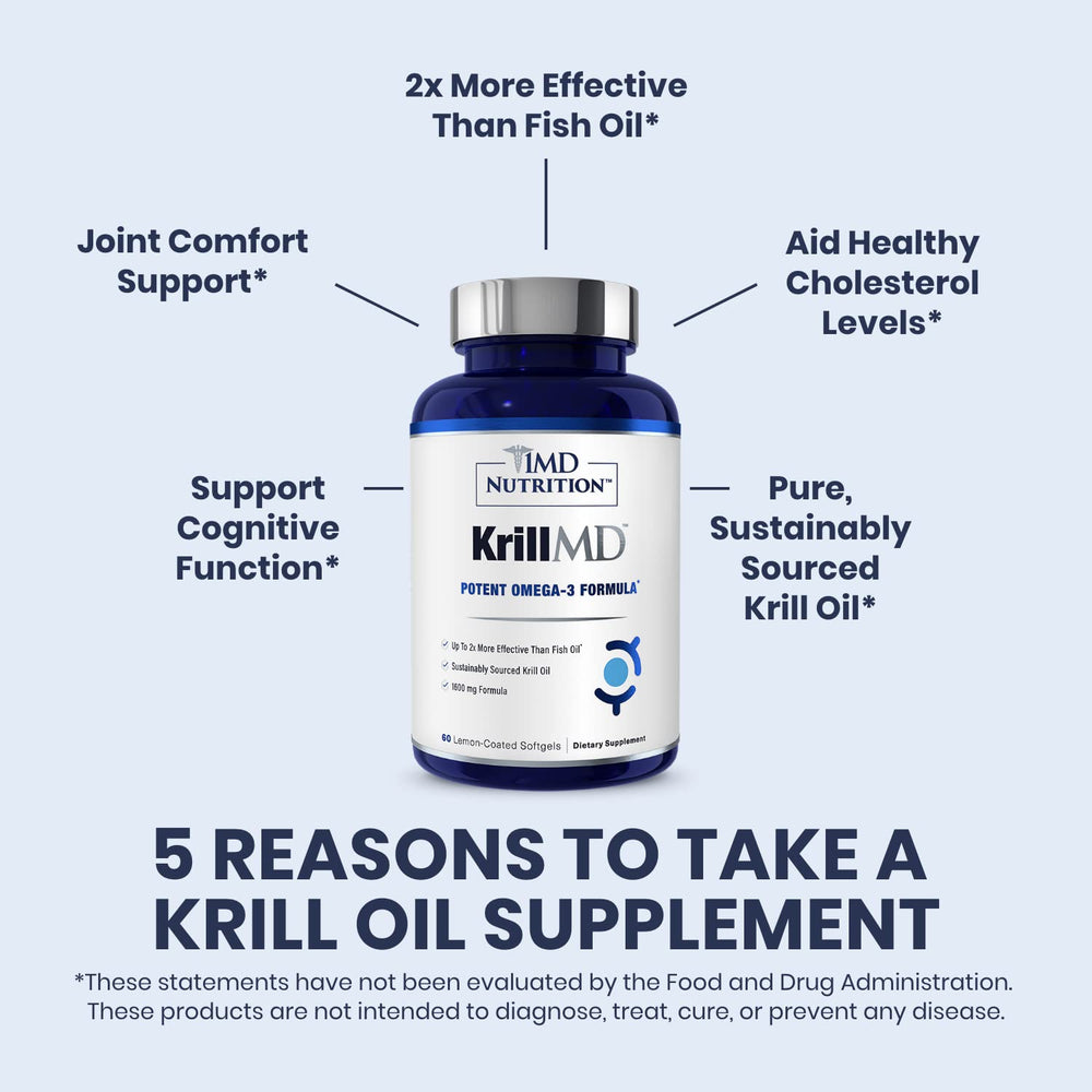 1MD Nutrition KrillMD label detail showing EPA and DHA content per serving.