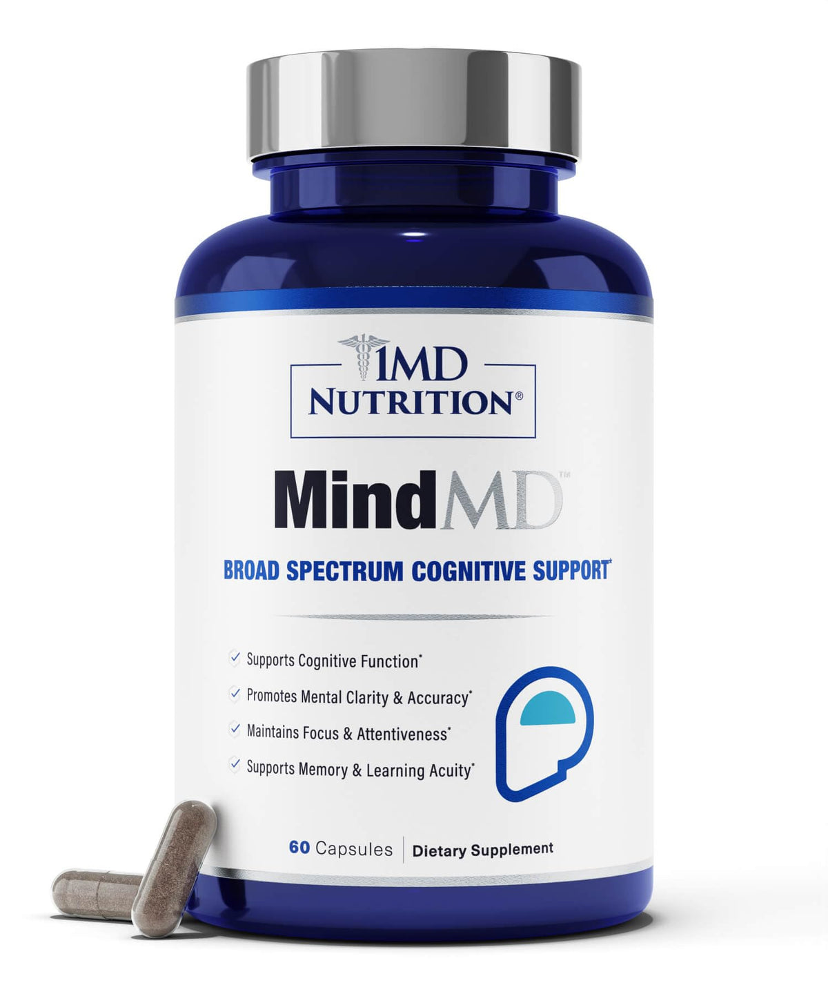 MindMD bottle front by 1MD Nutrition with clear dosage and label for easy shopping