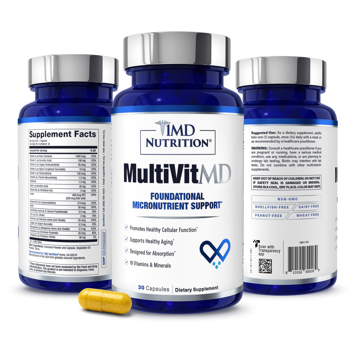 1MD Nutrition MultiVitMD bottle label shows 30 capsules for daily immune and heart health
