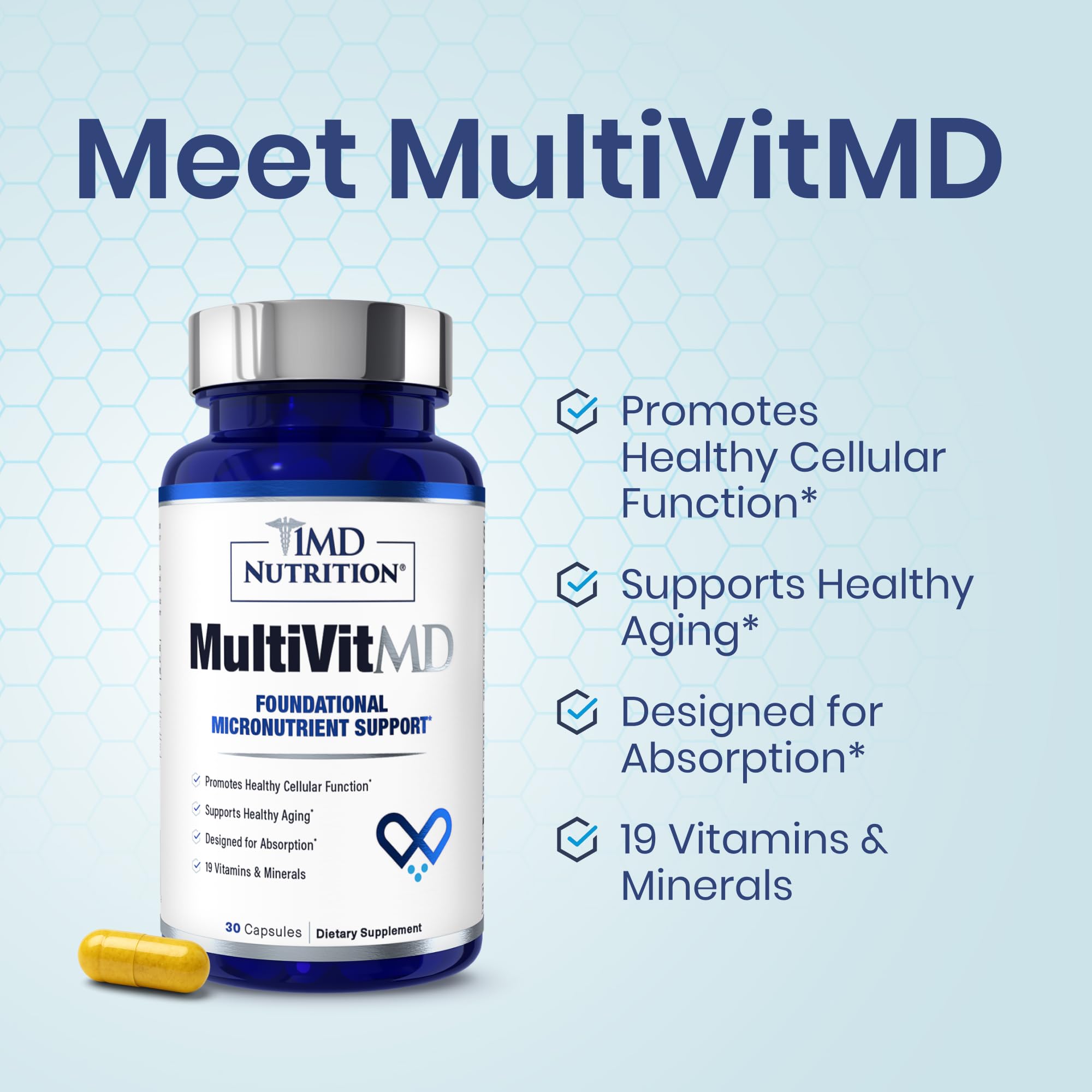 1MD Nutrition MultiVitMD supplement facts panel displaying 19 nutrients