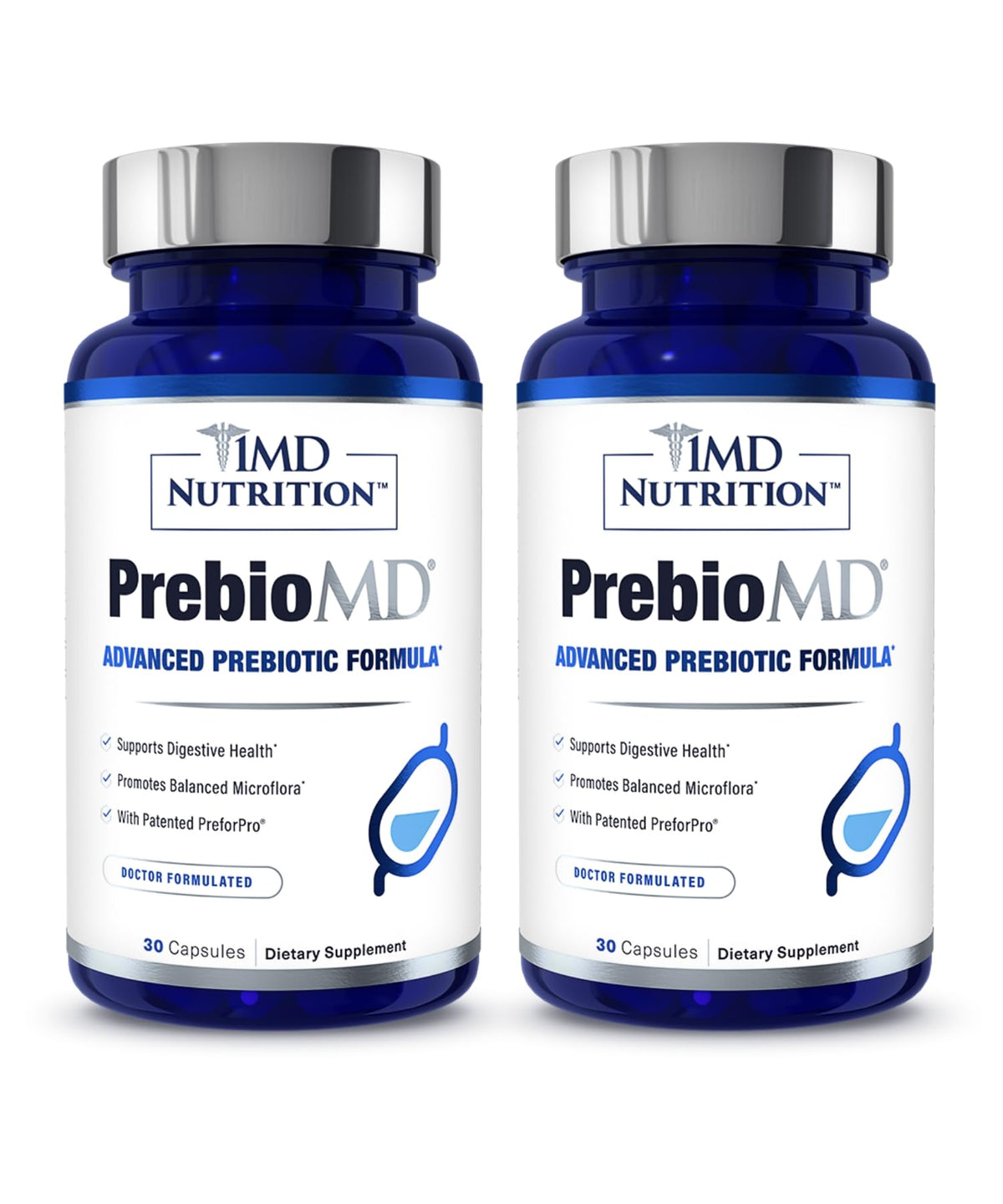 1MD Nutrition PreBioMD bottle pour for daily prebiotic use supporting gut balance.