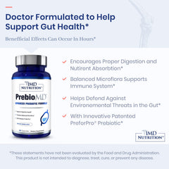1MD Nutrition PreBioMD box front emphasizing doctor-formulated prebiotic with PreforPro.