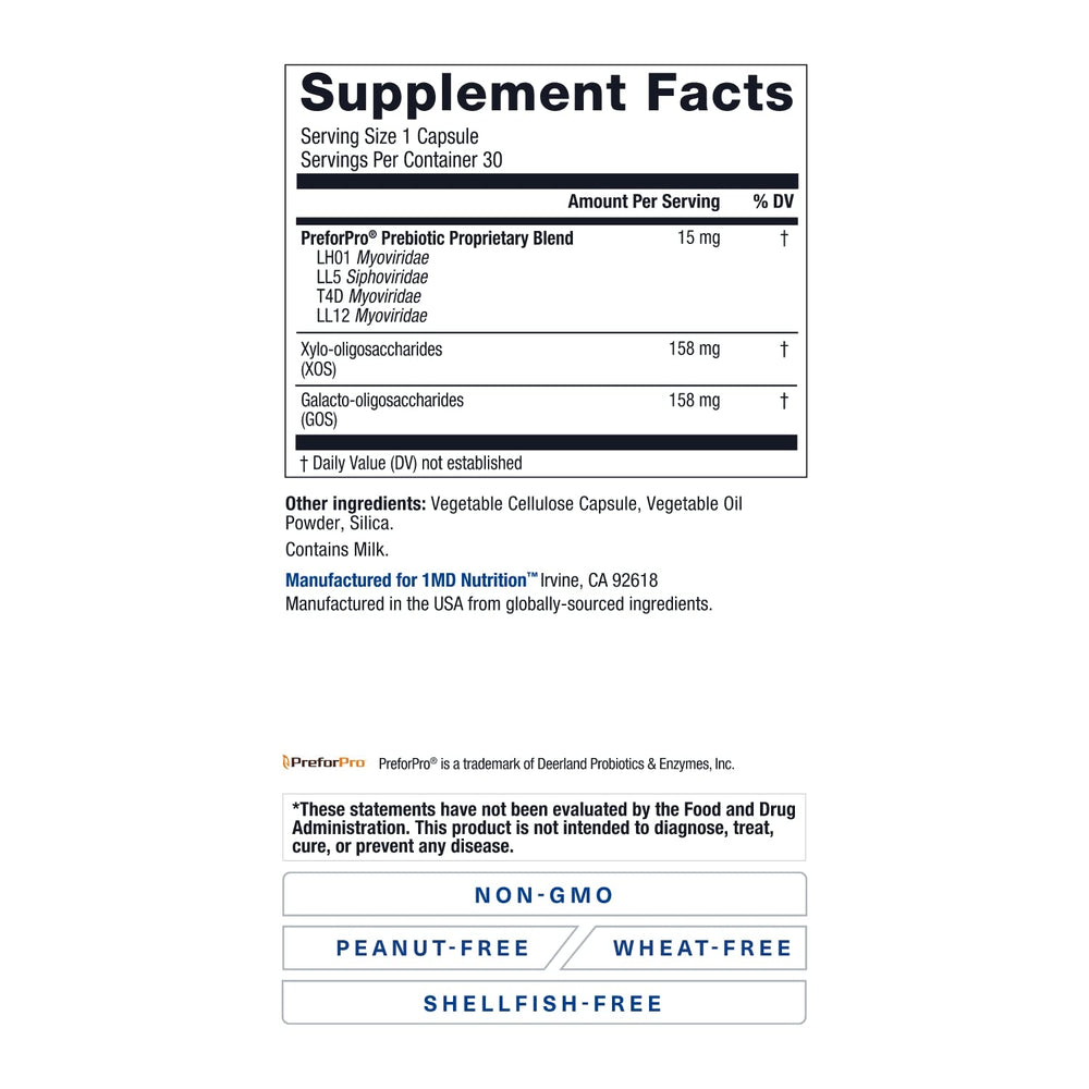 1MD Nutrition PreBioMD label detail showcasing PreforPro and ingredients for gut health.