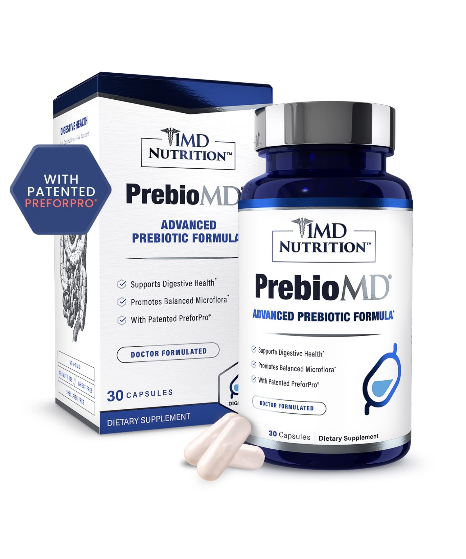 1MD Nutrition PreBioMD bottle front, gut health support for balanced digestion