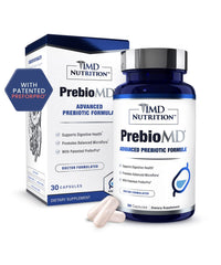 1MD Nutrition PreBioMD bottle front, gut health support for balanced digestion