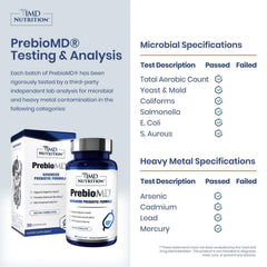 1MD Nutrition PreBioMD bottle side, user-friendly daily prebiotic for gut balance