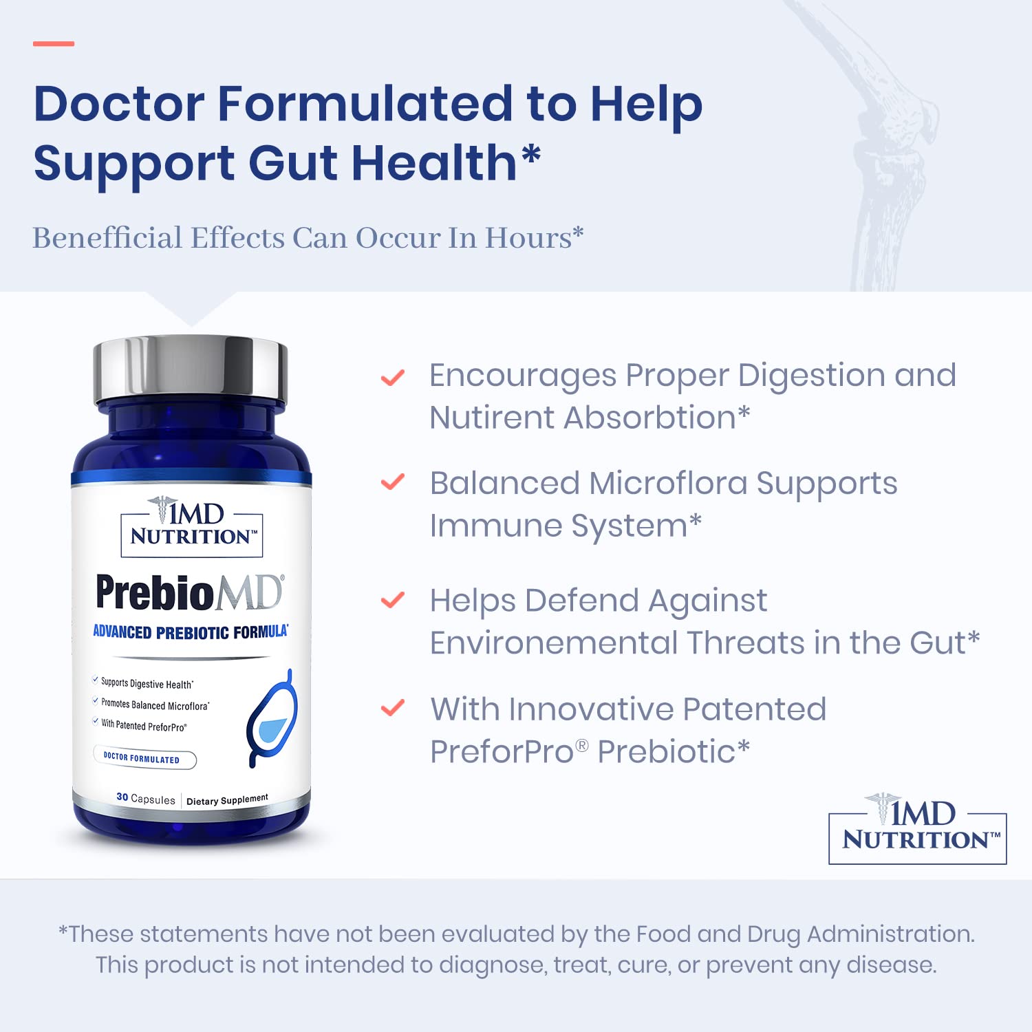 1MD Nutrition PreBioMD box packaging, featuring PreforPro powered prebiotic blend