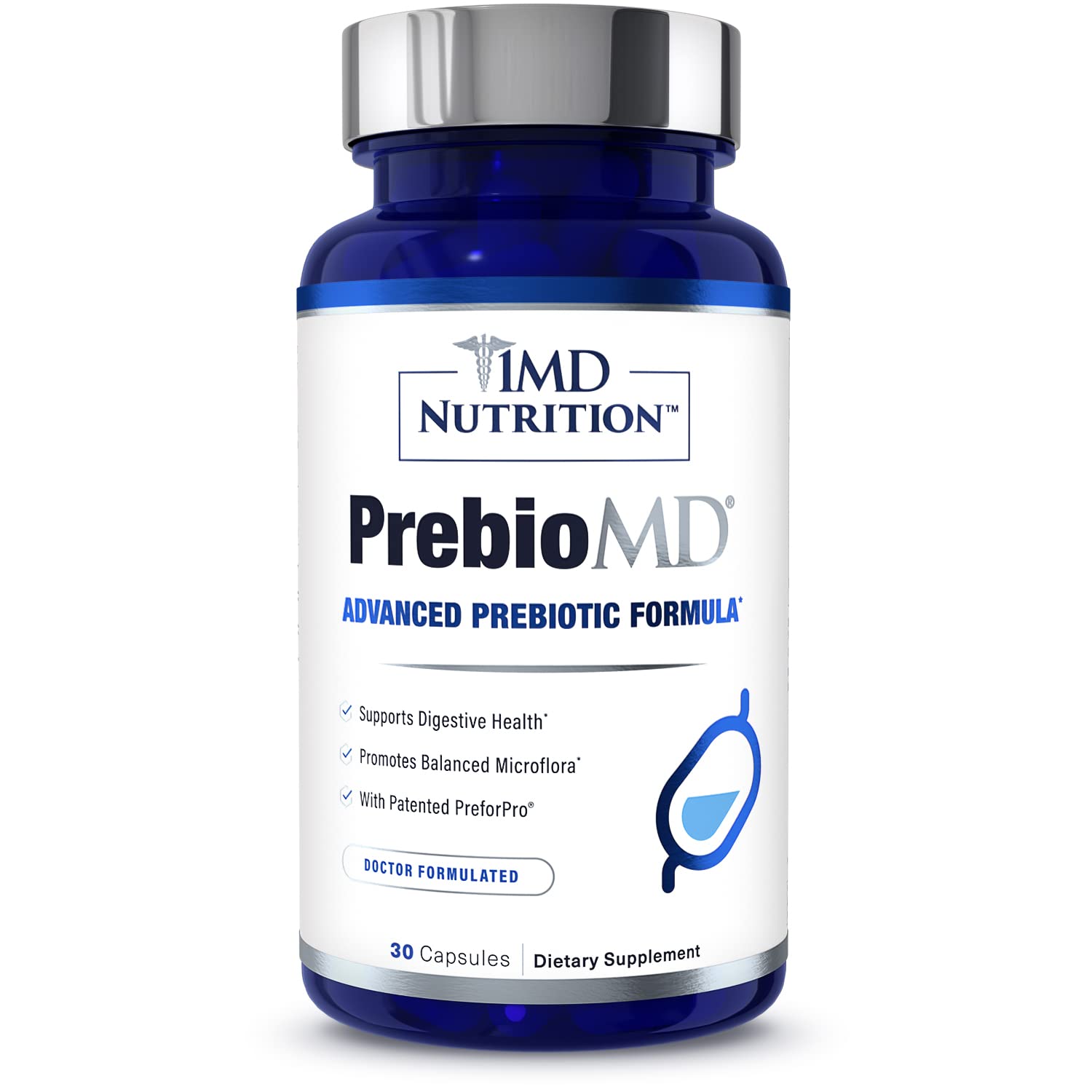 1MD Nutrition PreBioMD digestive balance illustration, visualizes microbiome support