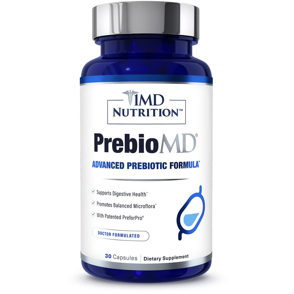 1MD Nutrition PreBioMD digestive balance illustration, visualizes microbiome support