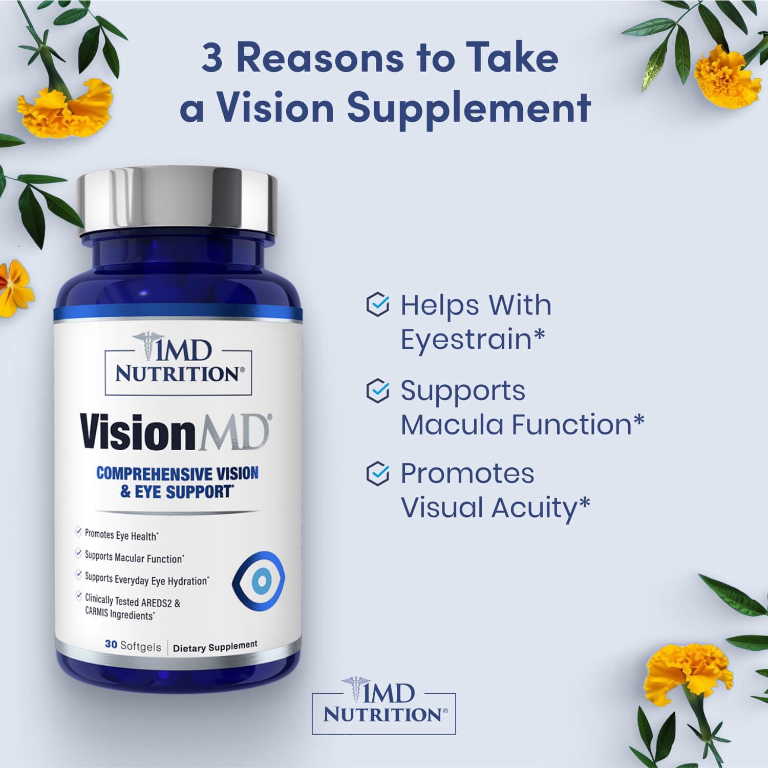 Close-up of VisionMD Carmis label highlighting key ingredients