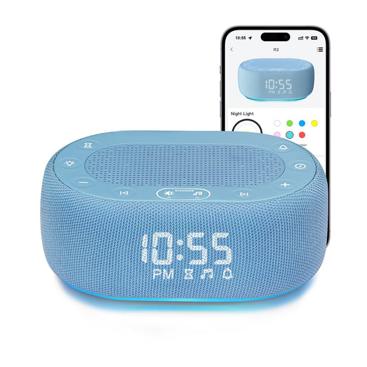 1Mii White Noise Sound Machine front view showing compact bedside design for sleep improvement