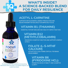 1Q Focus clean-ingredients-label highlights sugar-free vegan formula.
