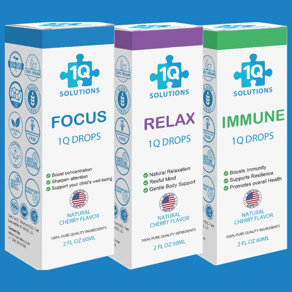 1Q Solutions Immune drops bottle close-up highlighting kid-friendly texture and easy dosing.