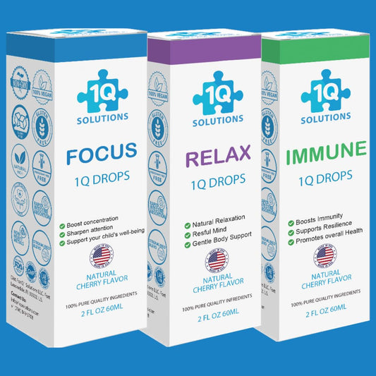 1Q Solutions Immune drops bottle close-up highlighting kid-friendly texture and easy dosing.