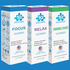 1Q Solutions Immune drops bottle close-up highlighting kid-friendly texture and easy dosing.