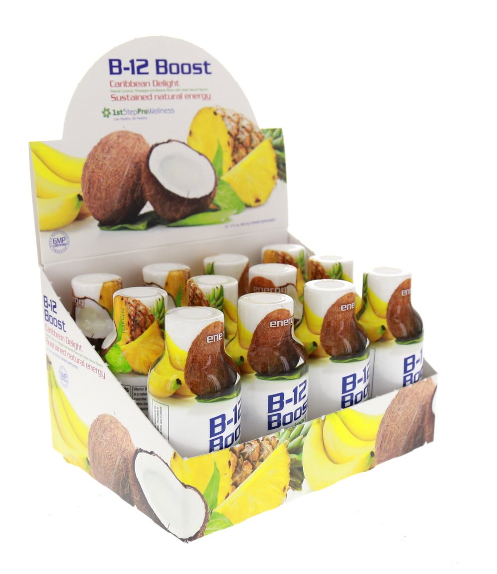 Tabletop shot of 1ST STEP B-12 Boost packaging and bottles