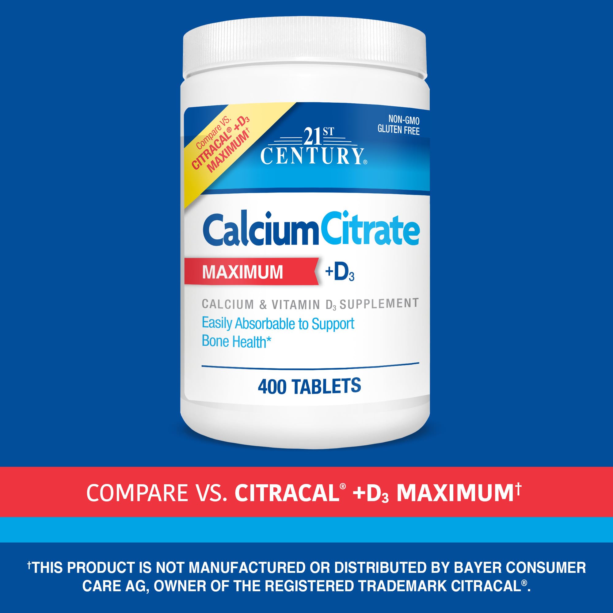 Side view of the 21st Century Calcium Citrate D3 Maximum bottle with label.