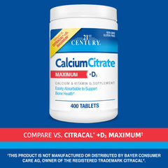 Side view of the 21st Century Calcium Citrate D3 Maximum bottle with label.