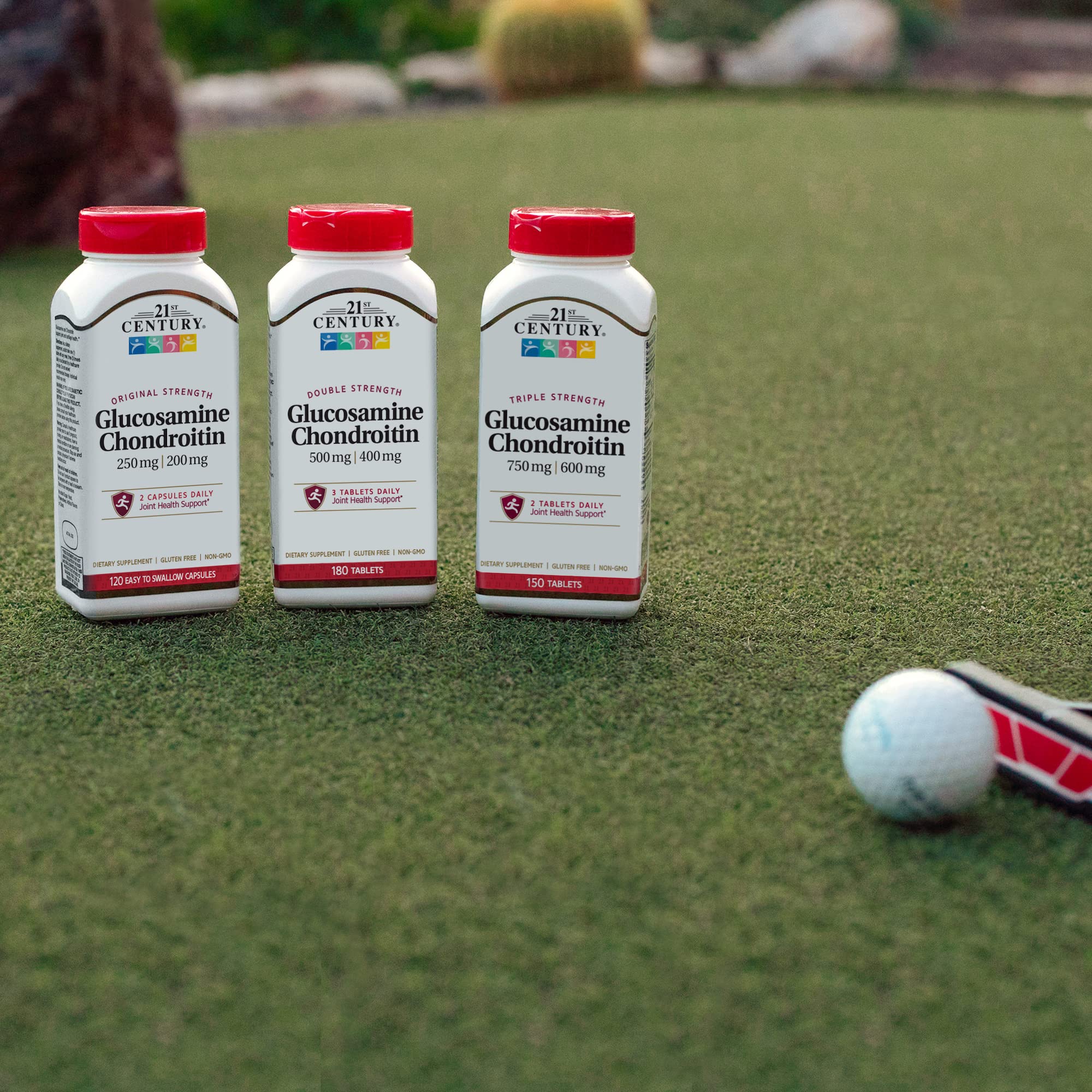 21st Century Glucosamine Chondroitin tablets close-up shows round tablets.