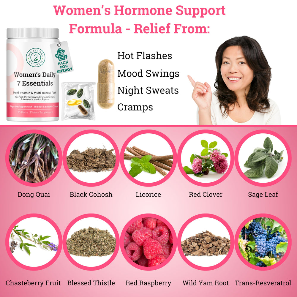 2nd Springs Daily 7 Essentials capsules image illustrates hormone balance support for busy lifestyles