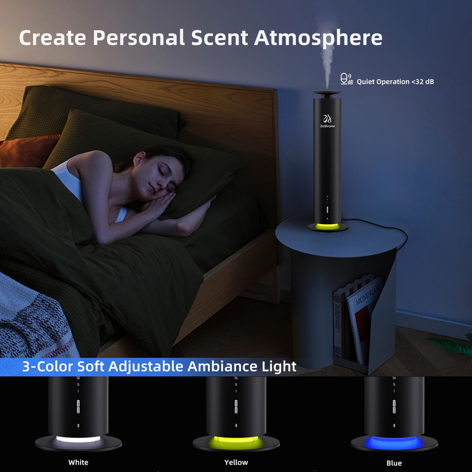 2ndAroma diffuser on nightstand enables quiet sleep-friendly operation