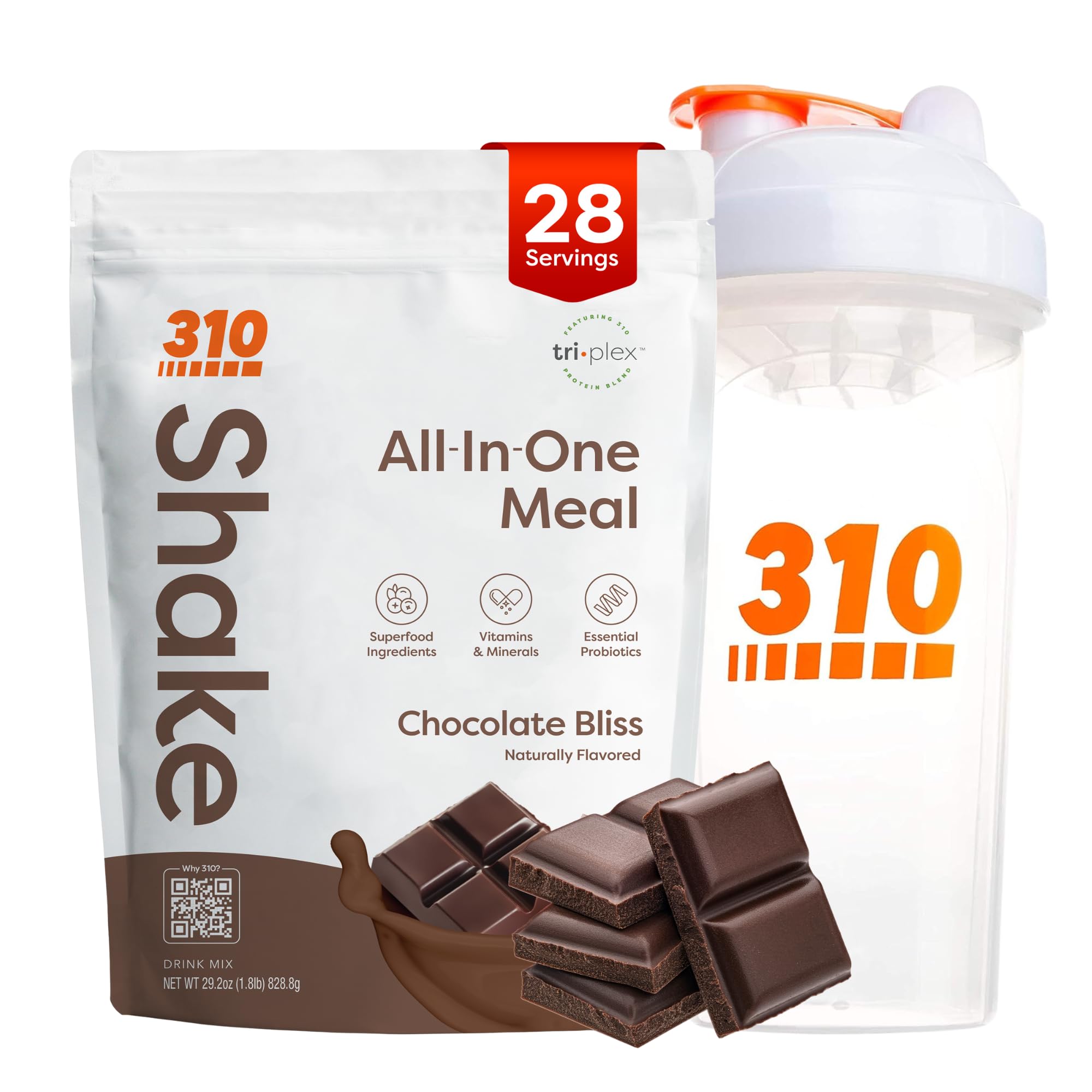310 Nutrition Chocolate Bliss powder jar shows nutrient-dense meal replacement