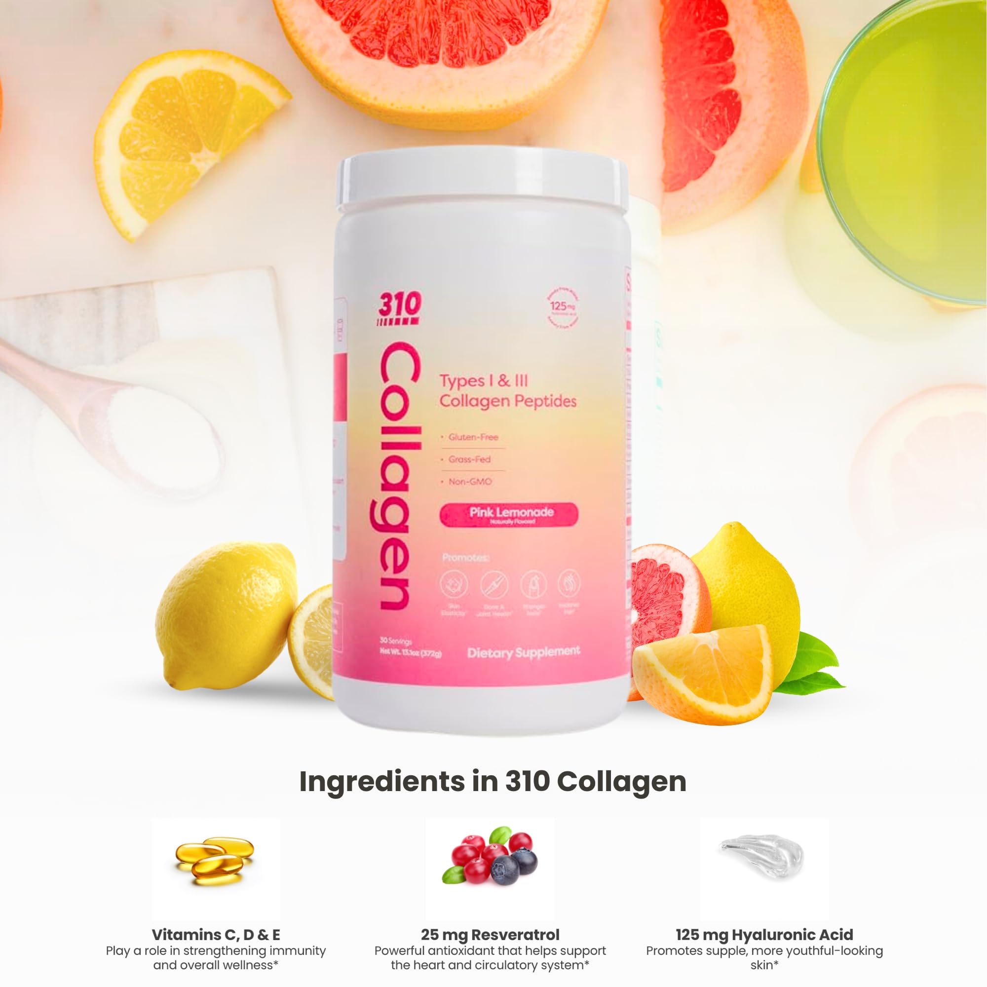 310 Nutrition Collagen Peptides hydrolyzed powder close-up ready to blend into beverages.