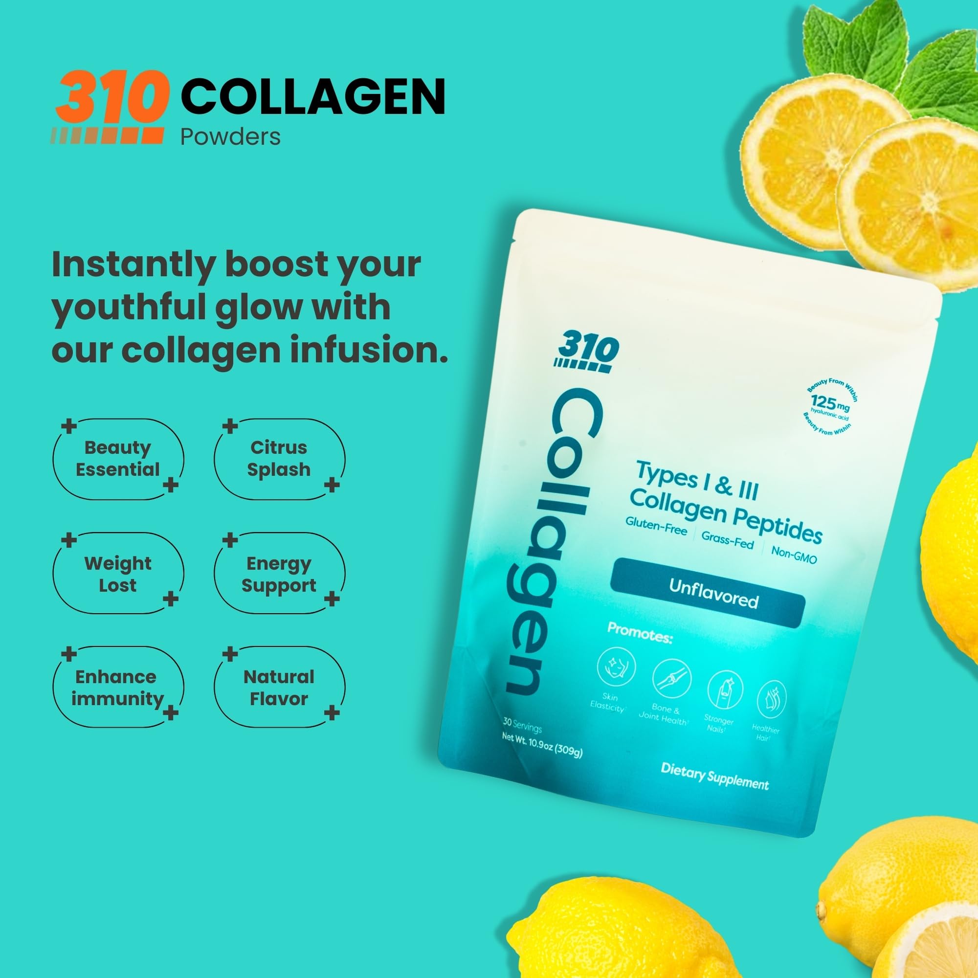 310 Nutrition pink lemonade collagen bottle with glass for a refreshing daily routine.