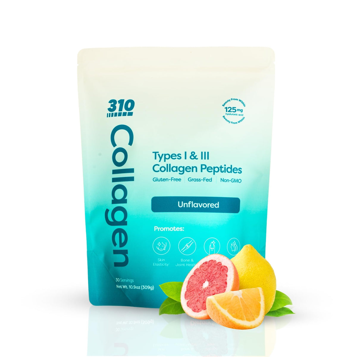 310 Nutrition hydrolyzed collagen peptides powder bottle promoting skin, hair and nails health.