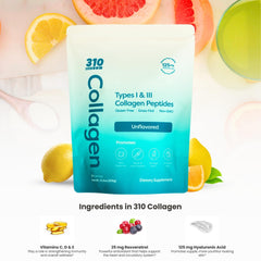 310 Nutrition unflavored collagen tub on counter for versatile blending.