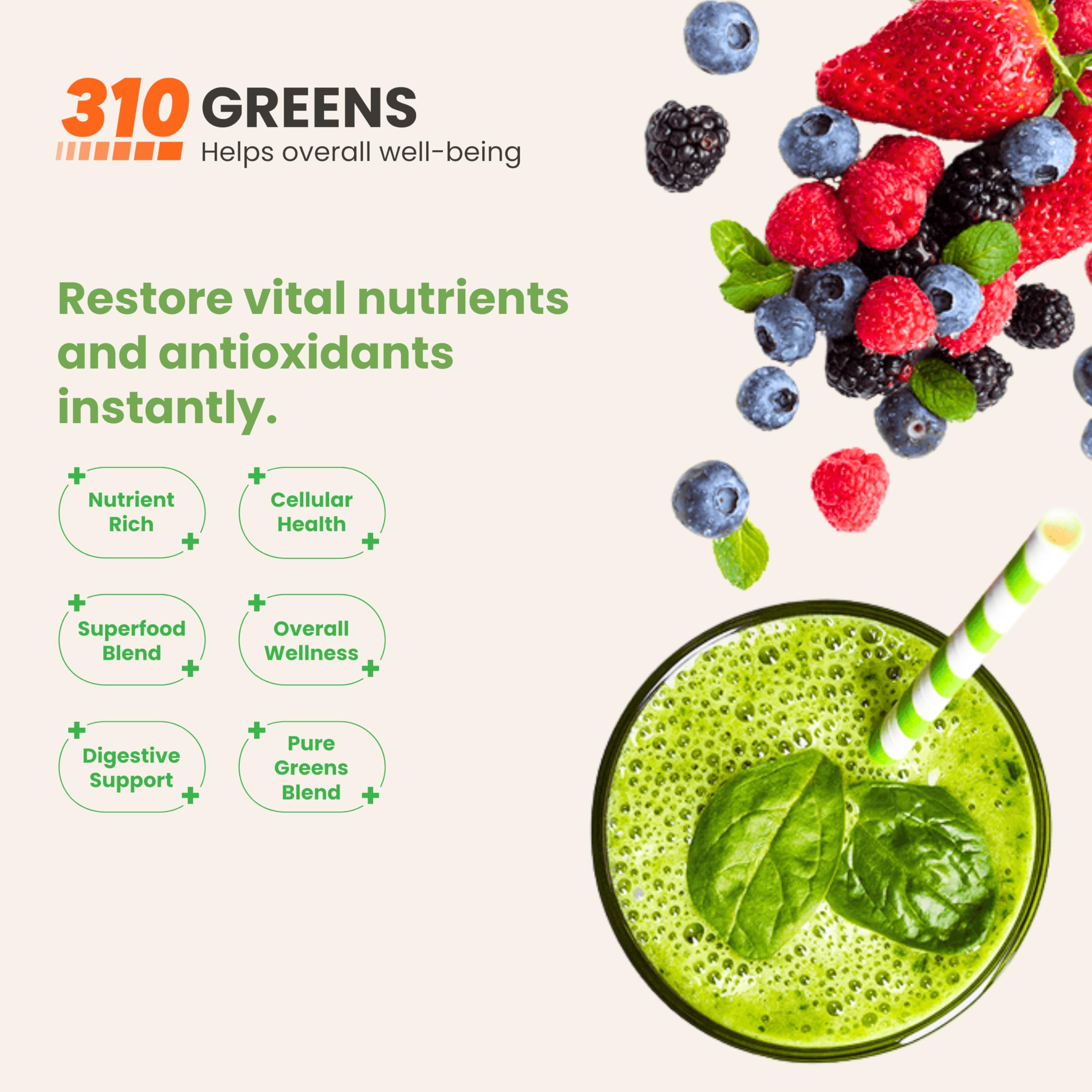 310 Nutrition greens powder dispenser pouring with smooth berry flavor for easy daily enjoyment