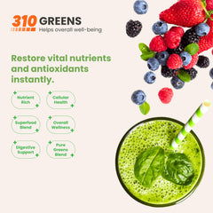 310 Nutrition greens powder dispenser pouring with smooth berry flavor for easy daily enjoyment