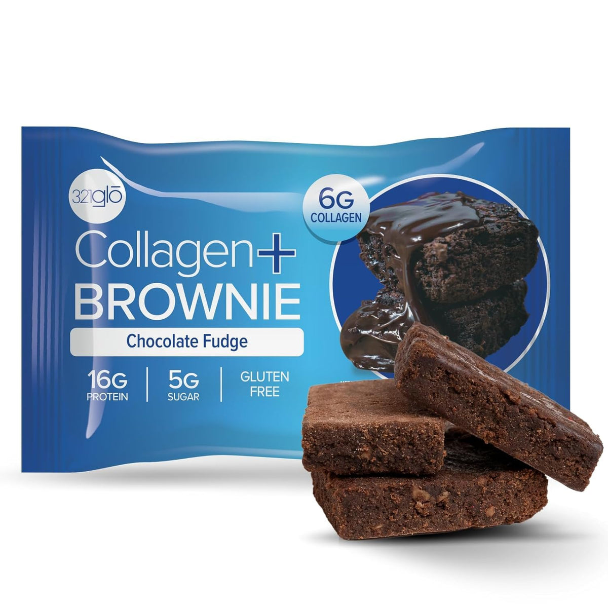 321glo Collagen Protein Brownie pack offers on-the-go indulgence with a convenient 12-pack.