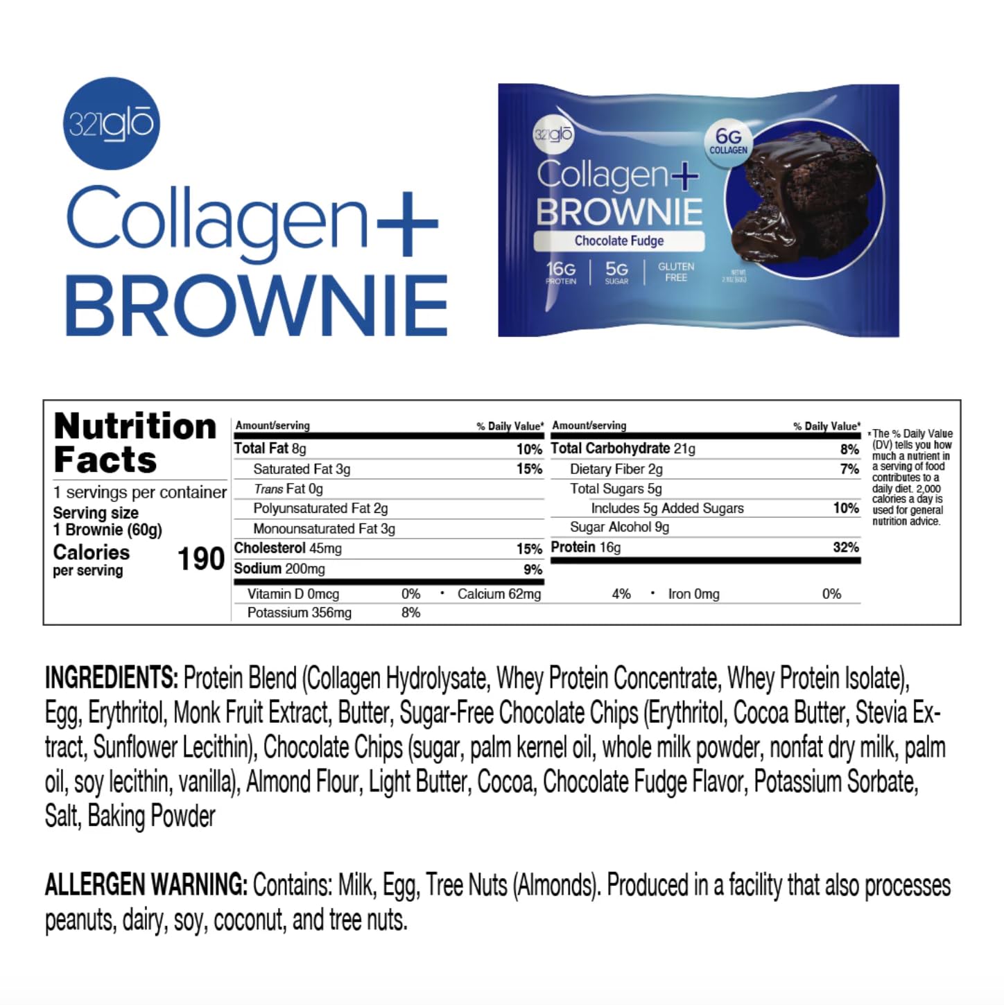 321glo Collagen Protein Brownie slice closeup highlights fudgy texture and protein boost.