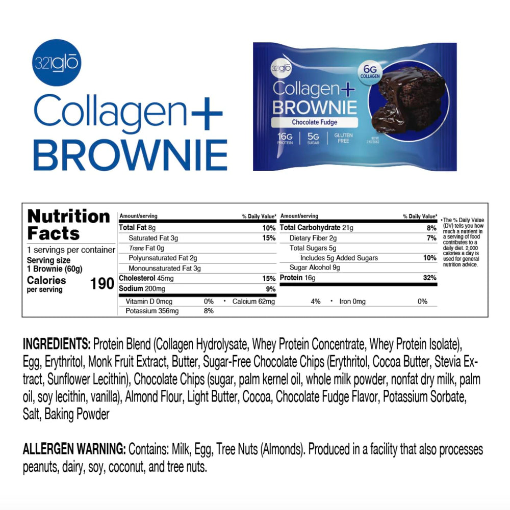321glo Collagen Protein Brownie slice closeup highlights fudgy texture and protein boost.