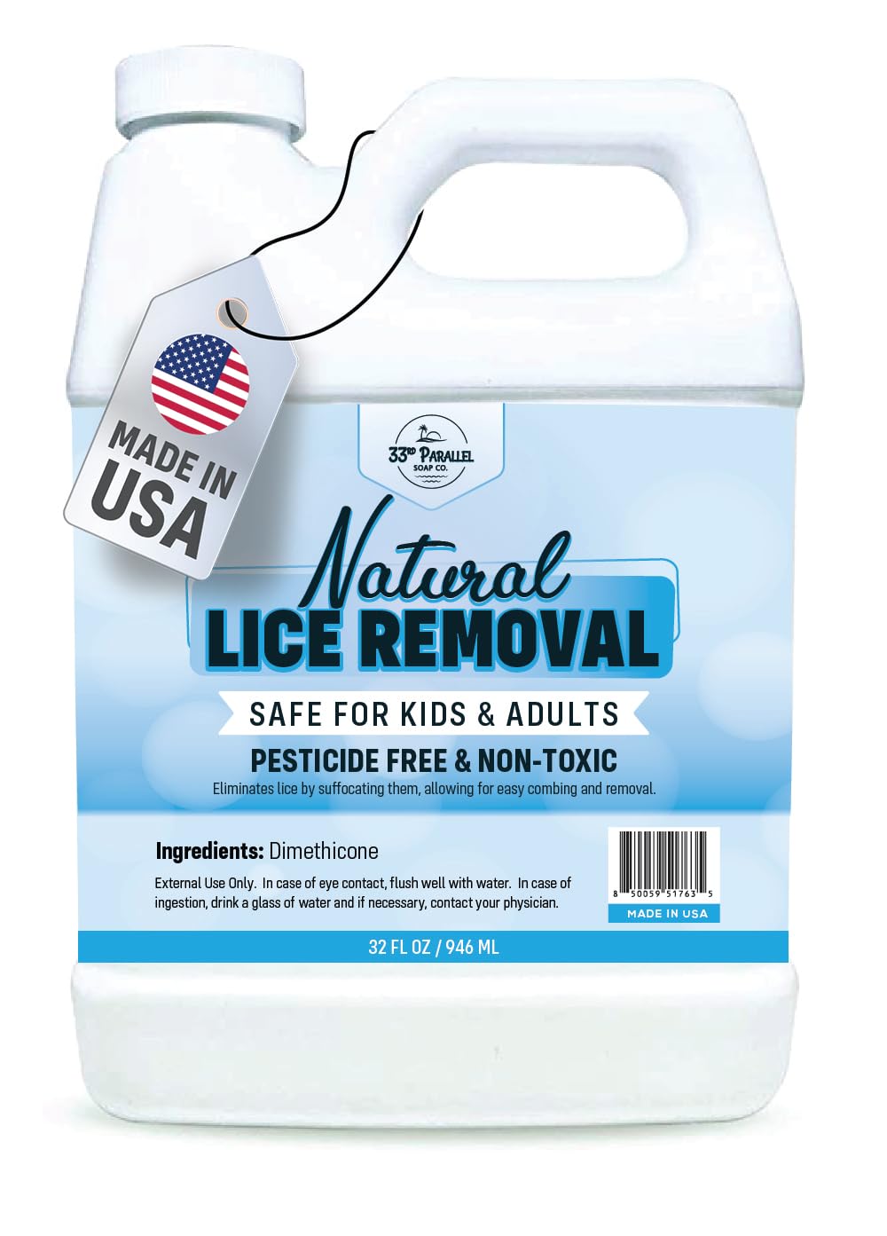 33RD PARALLEL SOAP CO Safe Lice Shampoo bottle front highlights gentle formula for family use.