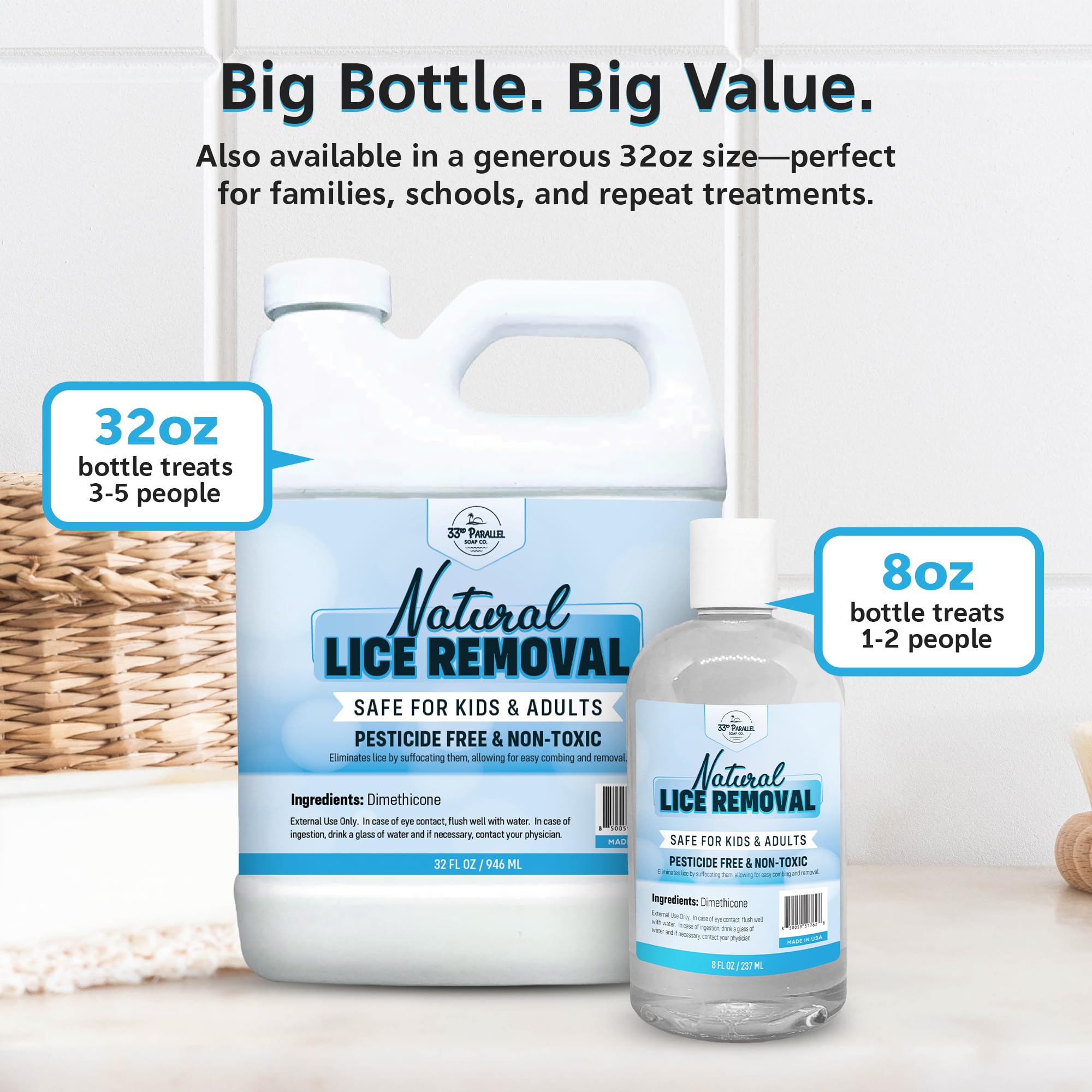 33RD PARALLEL SOAP CO Safe Lice Shampoo family-use bottle ideal for multi-person households.