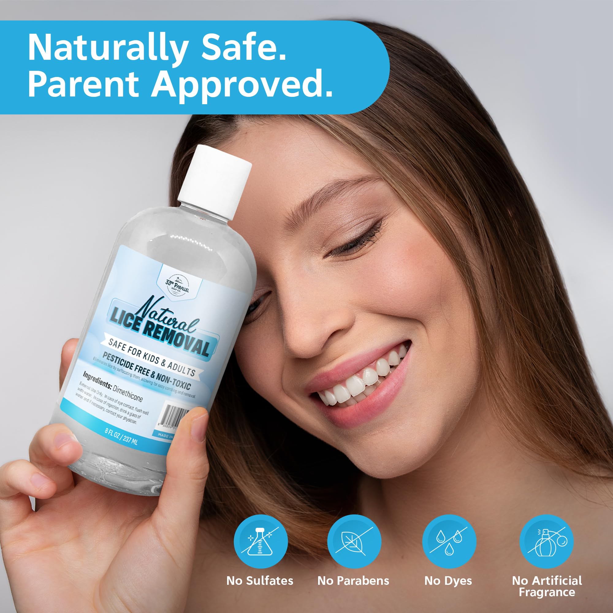 33RD PARALLEL SOAP CO Safe Lice Shampoo formula without sulfates or dyes supports sensitive scalps.