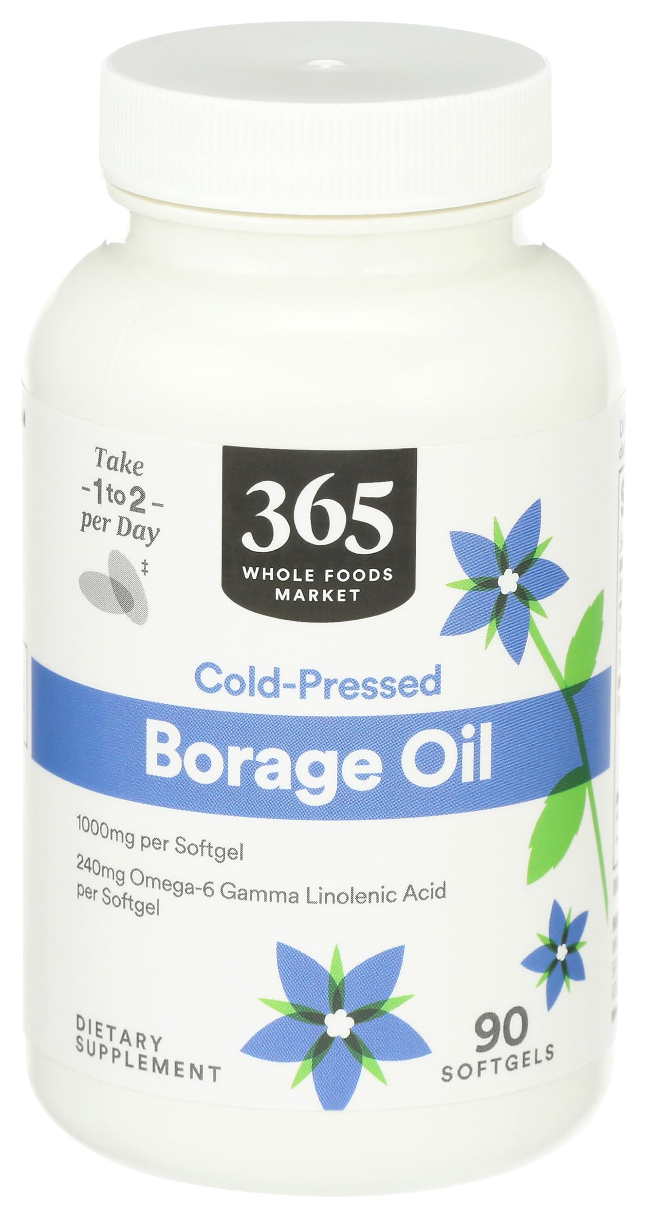 365 by Whole Foods Market Borage Oil softgels bottle supports omega-6 GLA intake