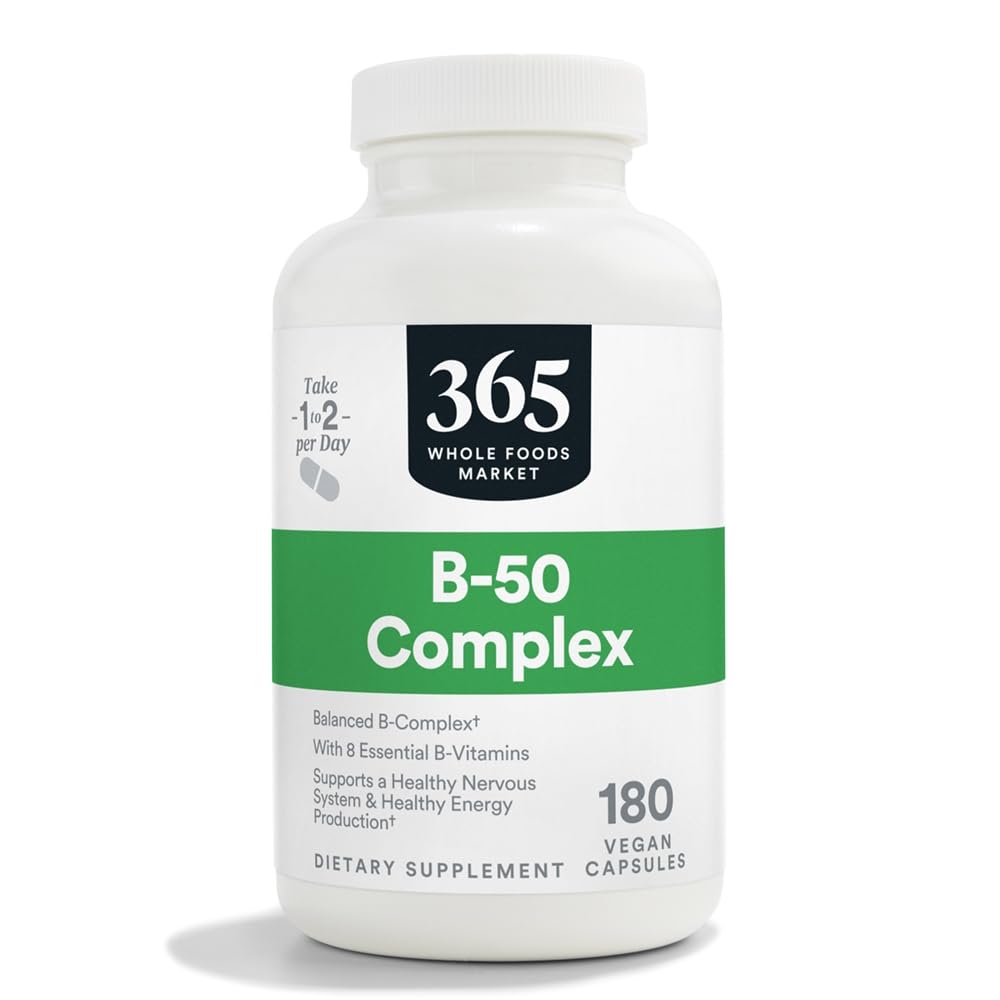 365 by Whole Foods Market Vitamin B-50 Complex bottle with vegan capsules for daily energy support.