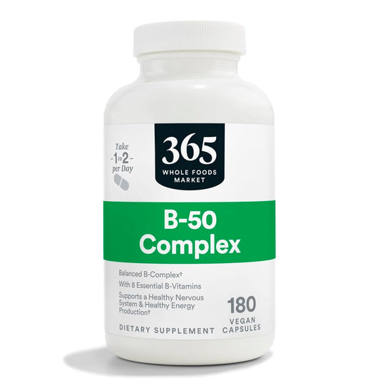 365 by Whole Foods Market Vitamin B-50 Complex bottle with vegan capsules for daily energy support.