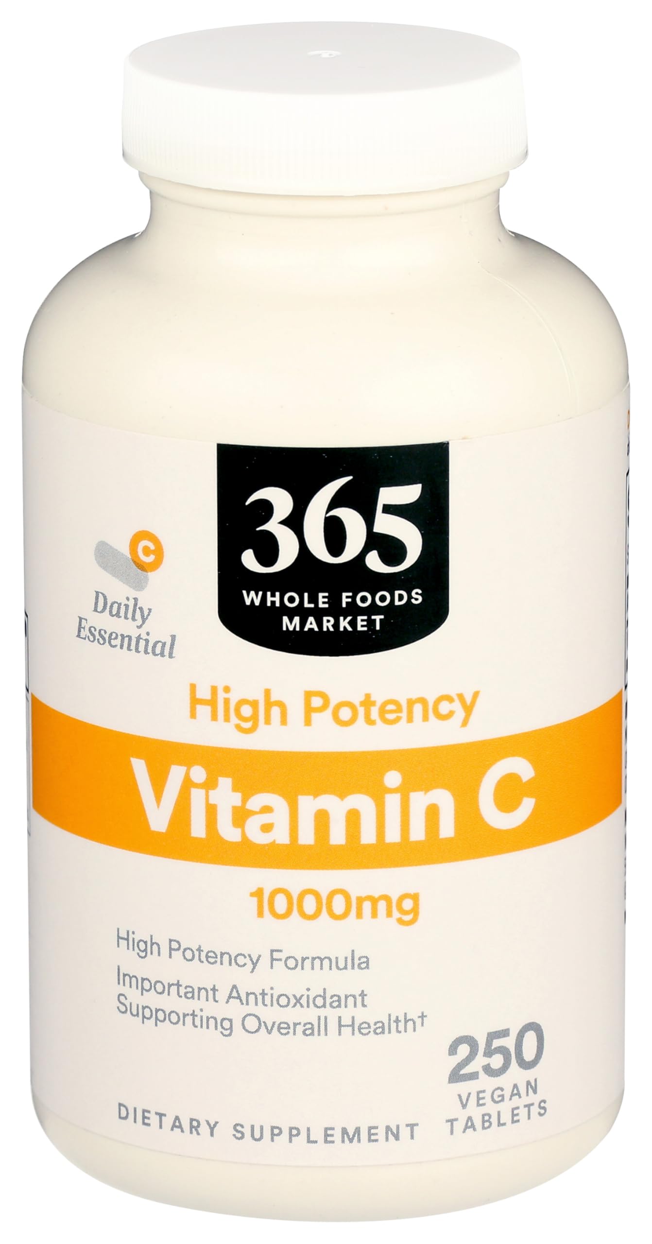 365 Vitamin C 1000mg bottle label, presenting a high-potency option for daily antioxidant support.